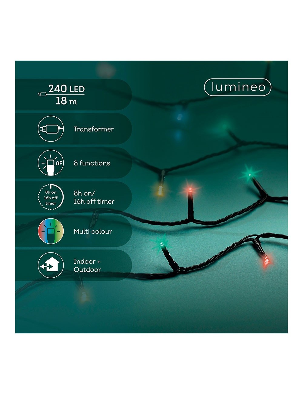 Guirnalda multifunción, uso exterior, basic, multicolor, cable negro, 240 leds, 18 m