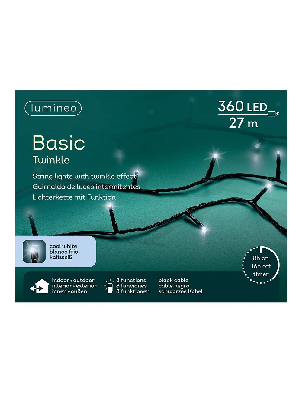 Guirnalda multifunción, uso exterior, basic, blanco frío, cable negro, 360 leds, 27 m