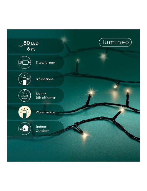 Guirnalda multifunción, uso exterior, basic, blanco cálido, cable negro, 80 leds, 6 m