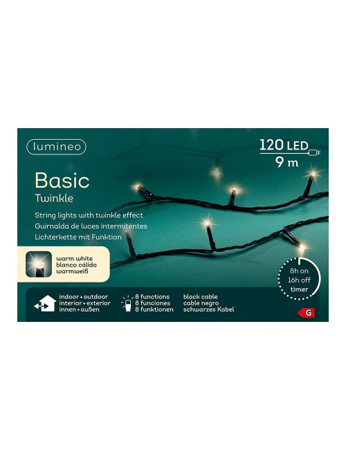 Guirnalda multifunción, uso exterior, basic, blanco cálido, cable negro, 120 leds, 9 m