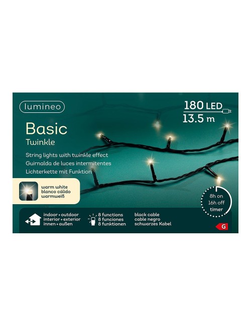 Guirnalda multifunción, uso exterior, basic, blanco cálido, cable negro, 180 leds, 13,5 m