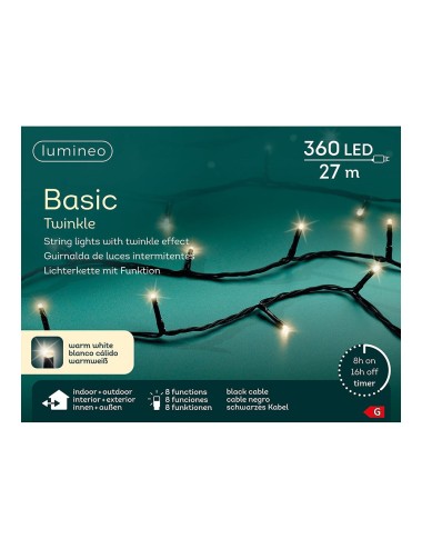 Guirnalda multifunción, uso exterior, basic, blanco cálido, cable negro, 360 leds, 27 m