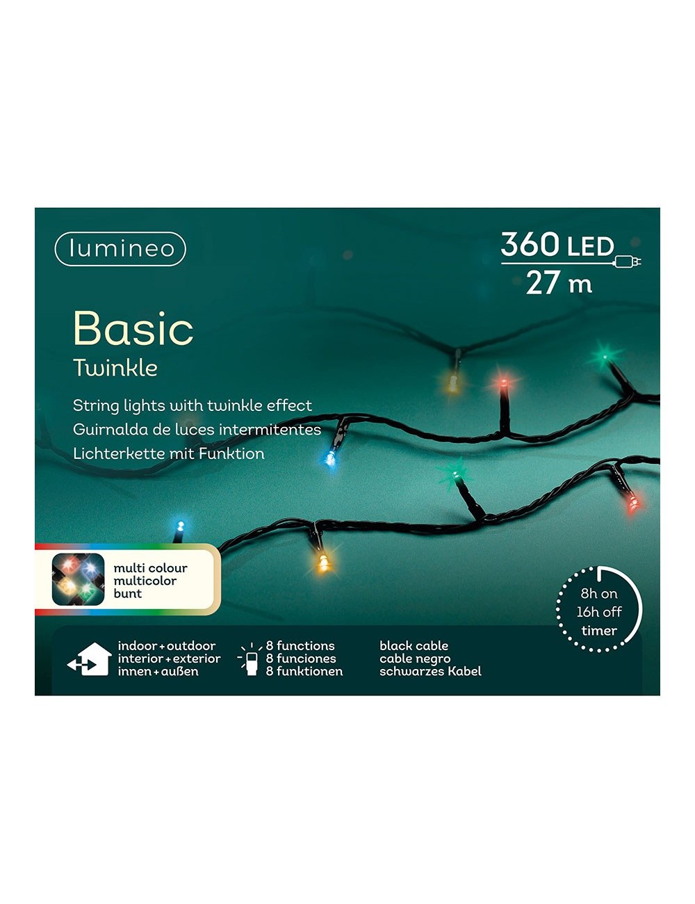 Guirnalda multifunción, uso exterior, basic, multicolor, cable negro, 360 leds, 27 m