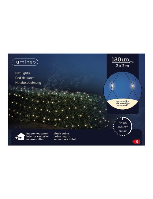 Red de luces led fija exterior, blanco cálido, cable negro, 2 x 2 m