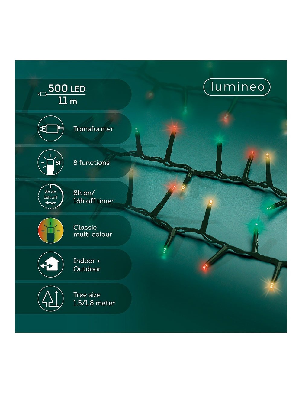 Guirnalda multifunción, uso exterior, led compact, multicolor clásico, cable negro, 500 leds, 11 m