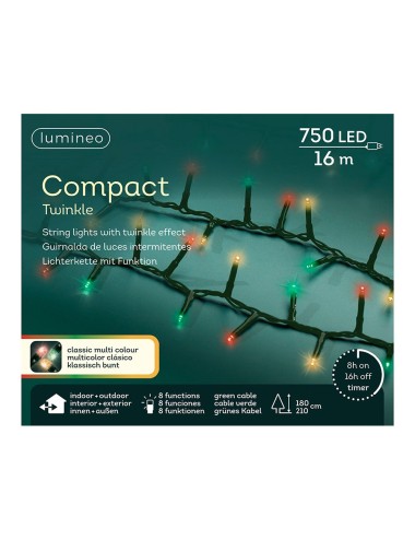 Guirnalda multifunción, uso exterior, led compact, multicolor clásico, cable negro, 750 leds, 16 m