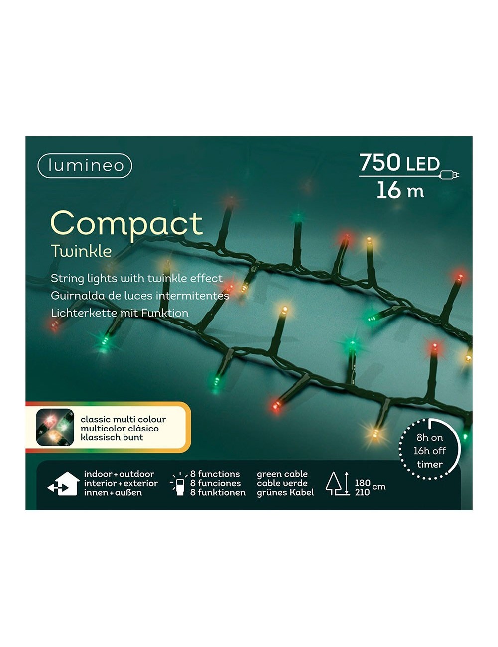 Guirnalda multifunción, uso exterior, led compact, multicolor clásico, cable negro, 750 leds, 16 m