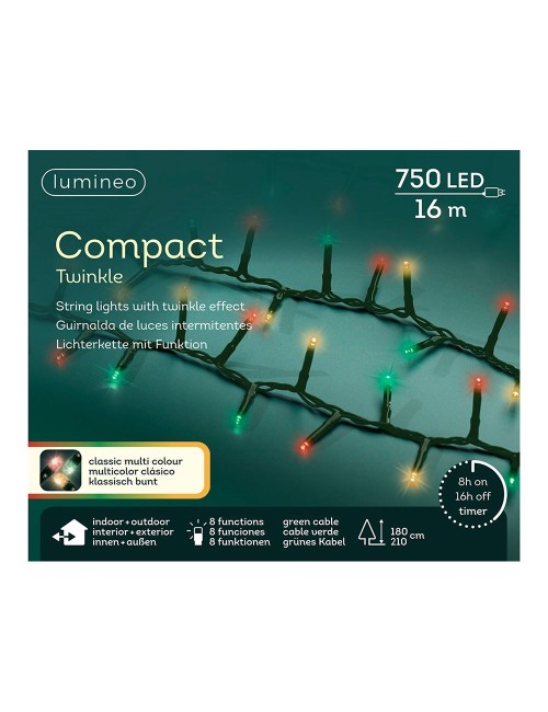 Guirnalda multifunción, uso exterior, led compact, multicolor clásico, cable negro, 750 leds, 16 m