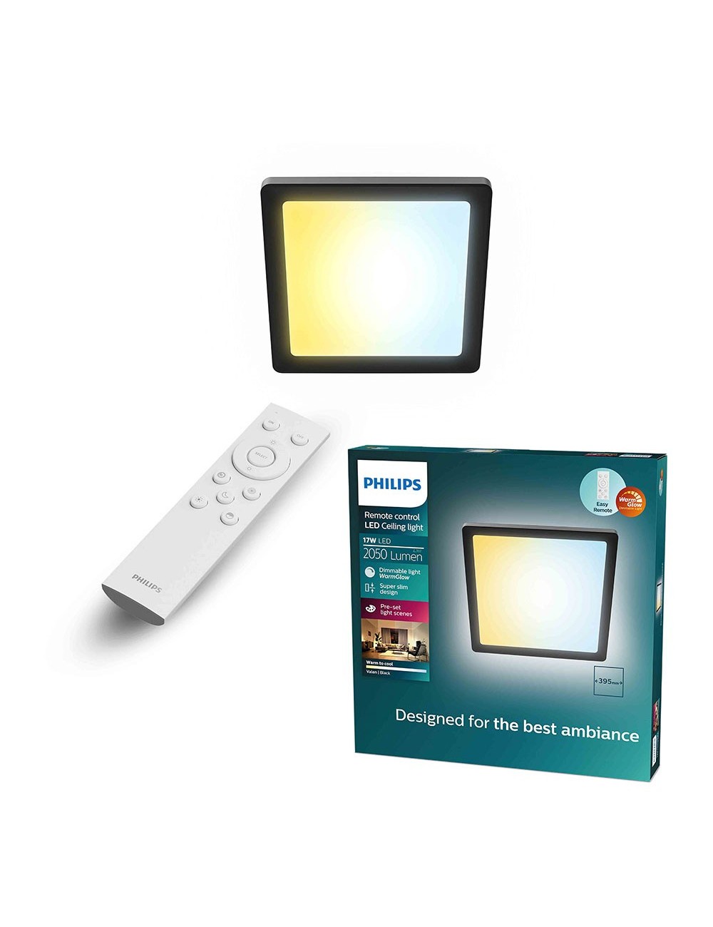 Plafón cuadrado negro valen, 17 w, 2050 im, 2200-6500 k, 395 x 37 x 395 mm