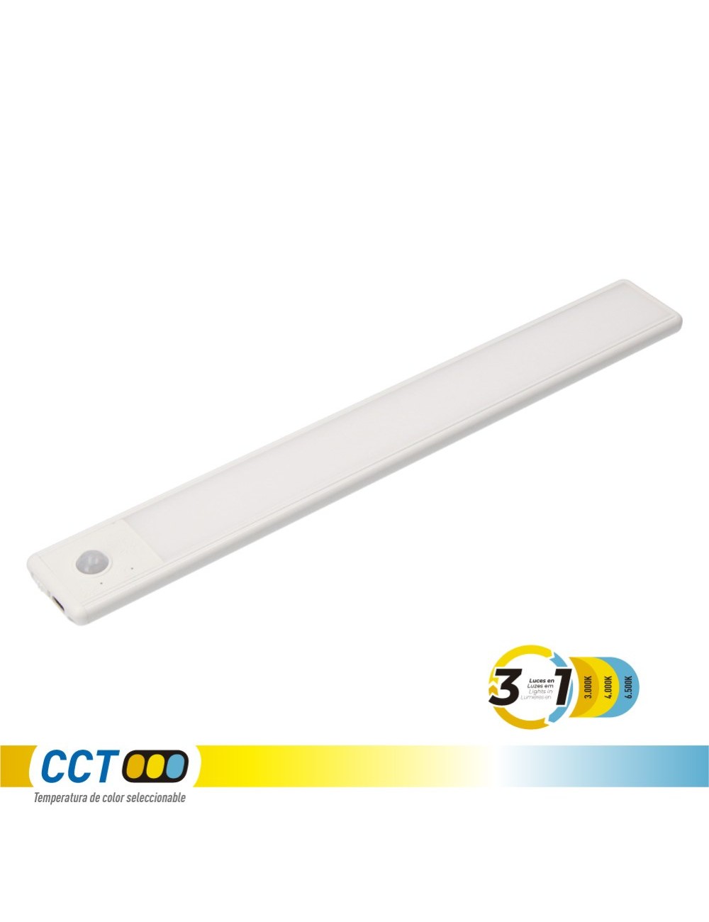 Regleta led regulable y recargable con sensor, magnética, 2,5 w, 3cct, 2200 mah, 14 x 40 x 606 mm