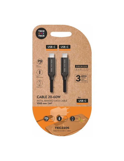 Cable usb-c a usb-c 20-60 w 3 a, negro, 1m