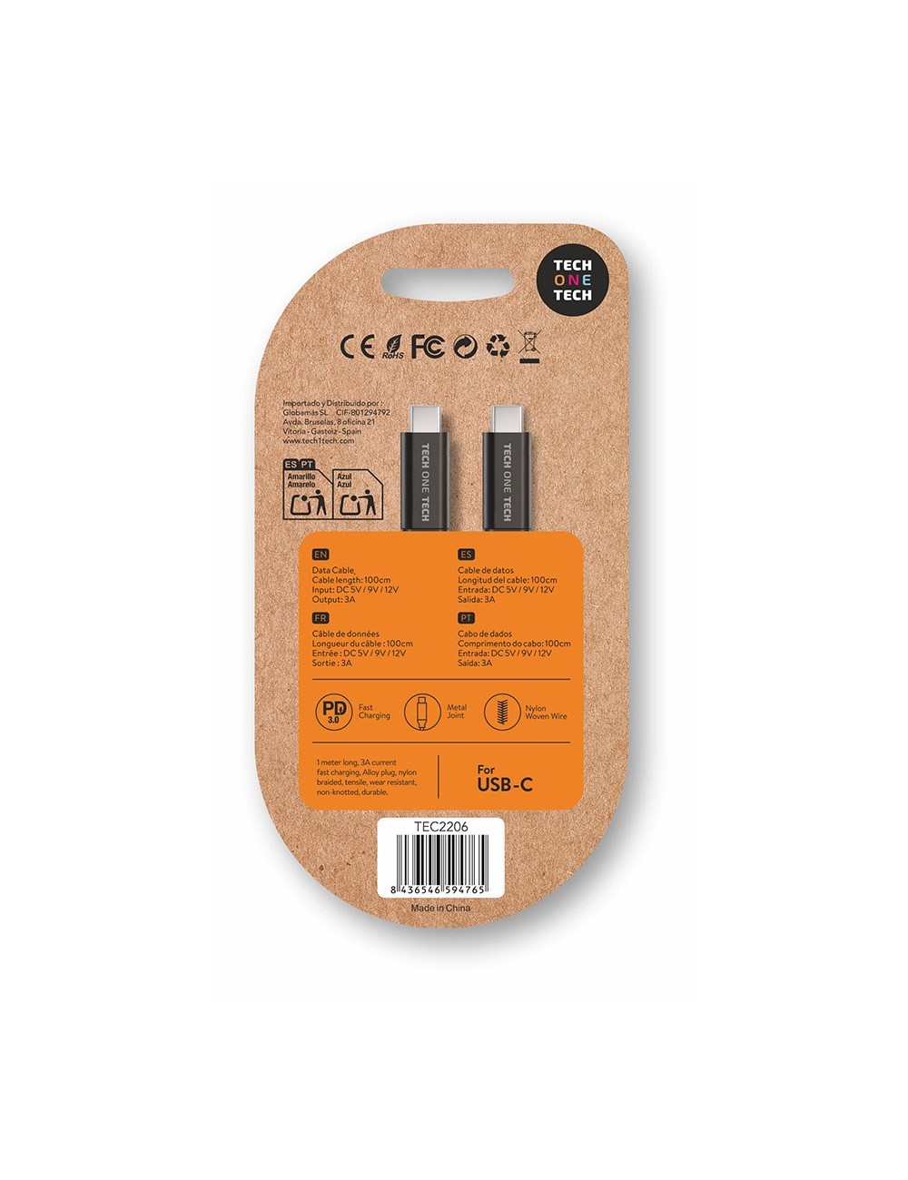 Cable usb-c a usb-c 20-60 w 3 a, negro, 1m