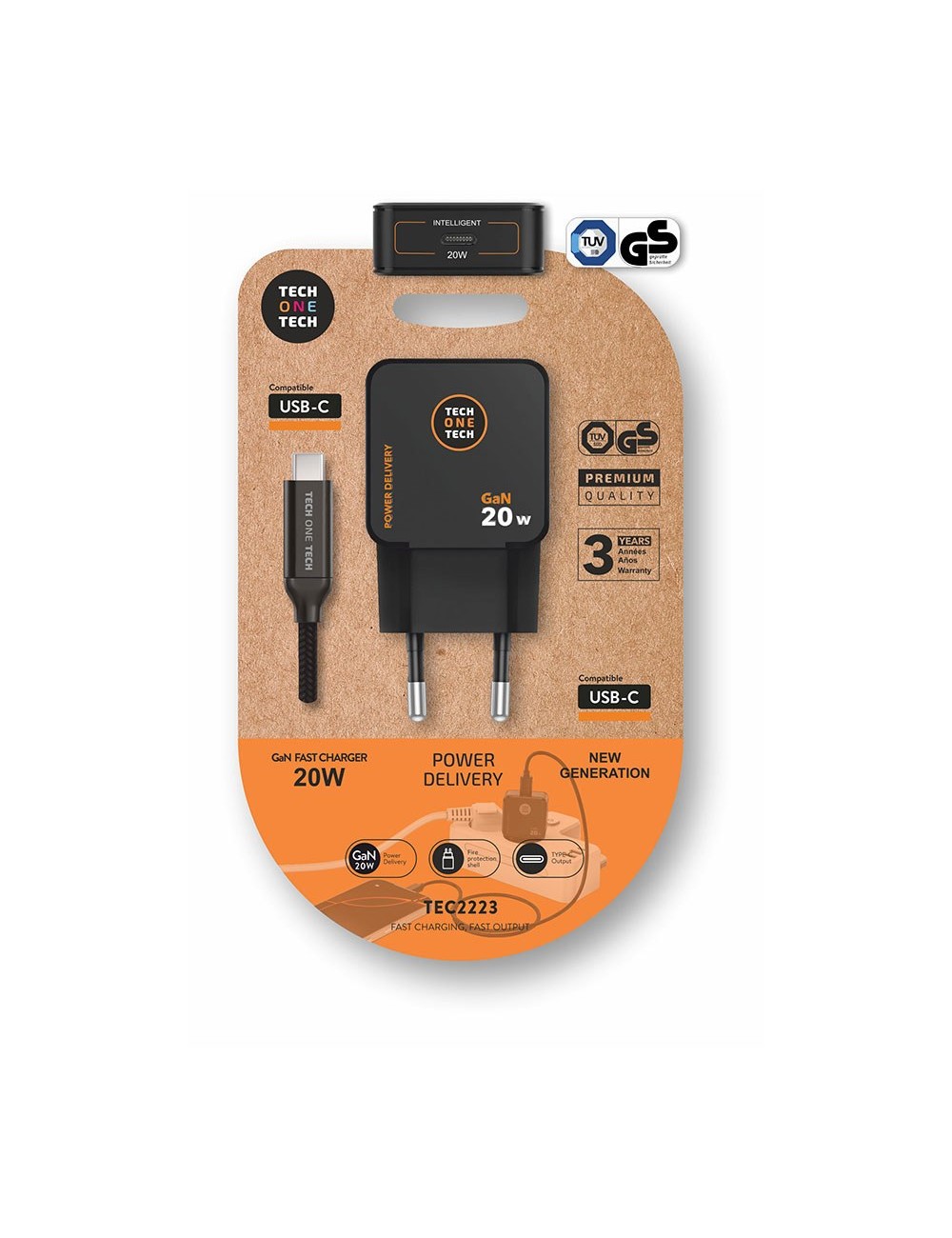 Cargador ultrarápido gan 20 w negro + cable usb-c 1 m